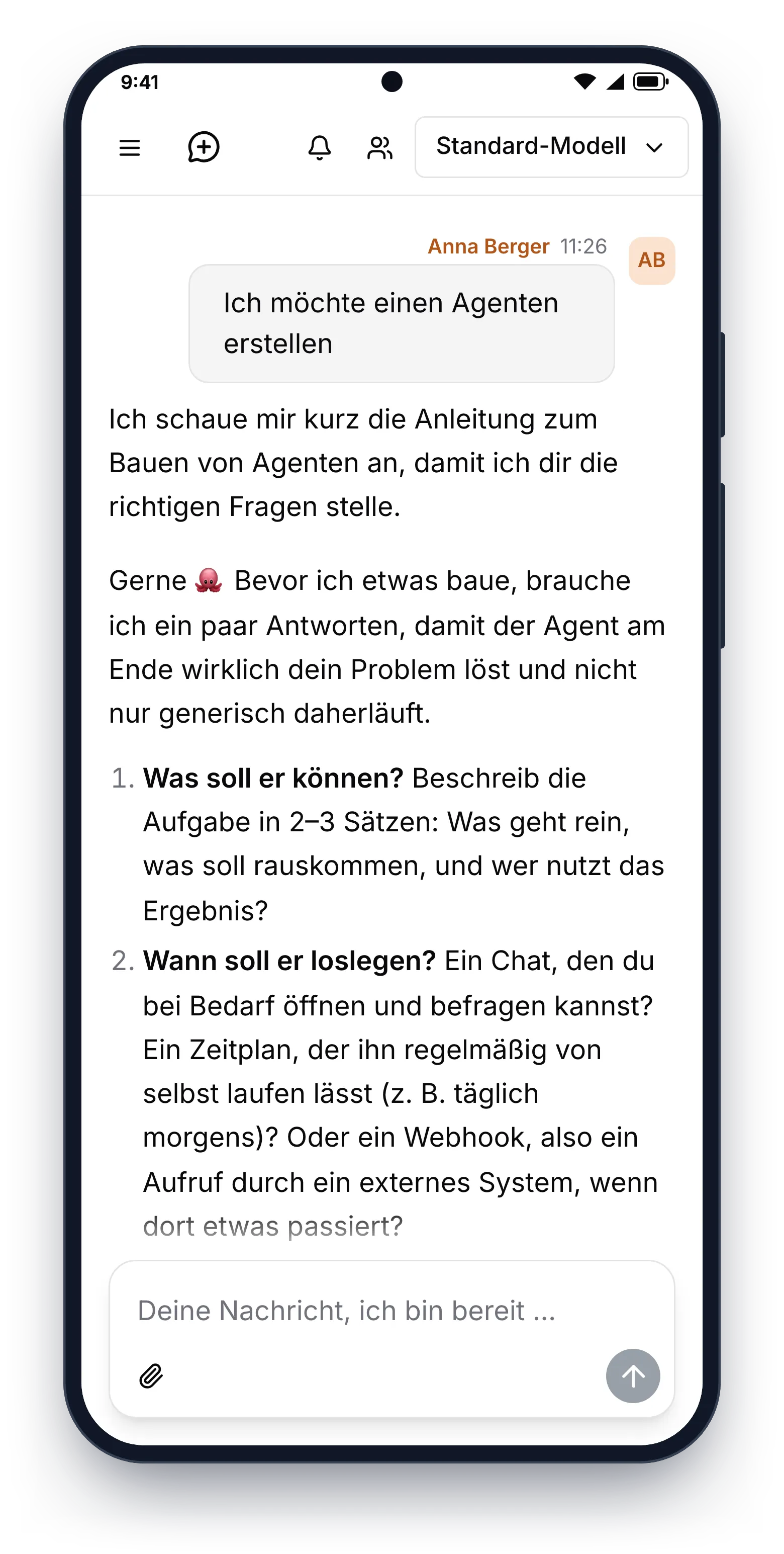 9brains-App: Chat, in dem 9brains Rückfragen zum Erstellen eines Agenten stellt