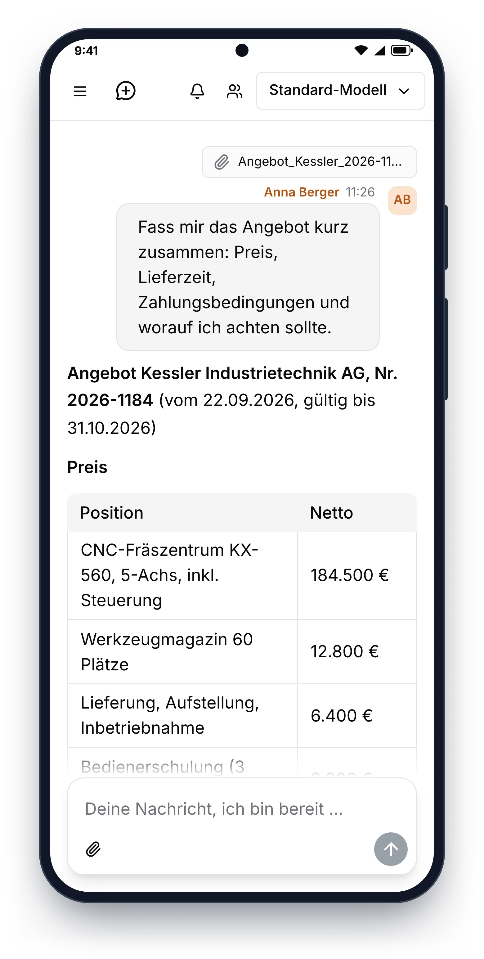 9brains-App: Zusammenfassung eines angehängten Angebots mit Preistabelle