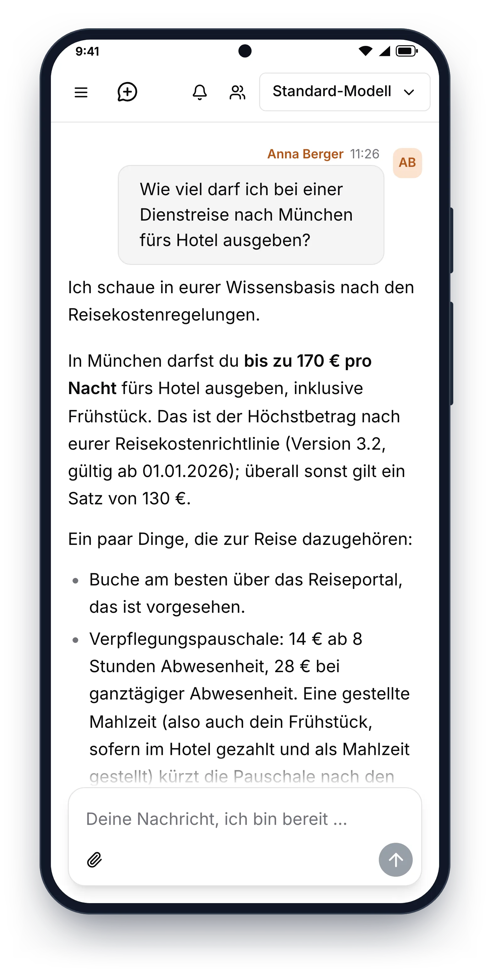9brains-App: Antwort aus der Wissensbasis auf die Frage, wie viel eine Hotelübernachtung in München kosten darf