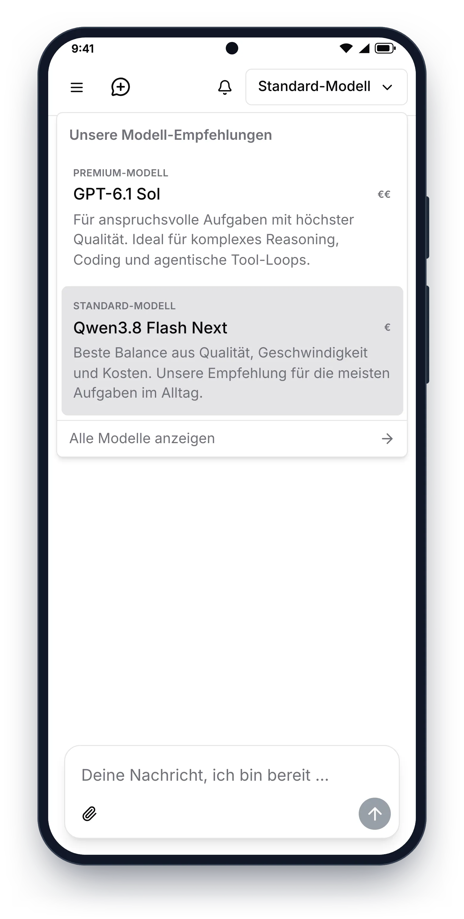 9brains-App: Auswahl der KI-Modelle mit Premium- und Standard-Empfehlung