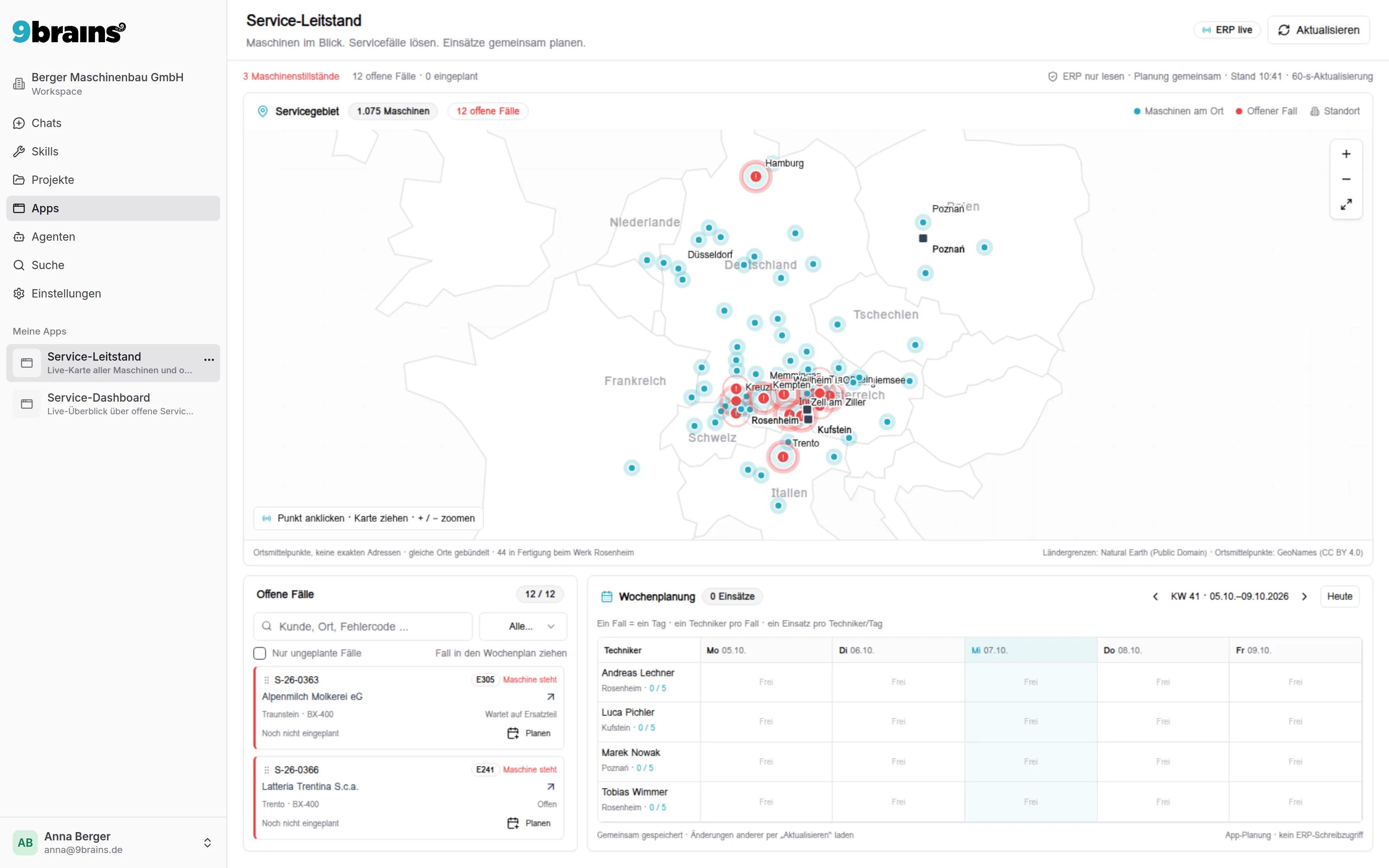 9brains App „Service-Leitstand“: Karte mit allen Maschinen aus dem ERP und den offenen Servicefällen, darunter die Liste der offenen Fälle und eine Wochenplanung für das Serviceteam